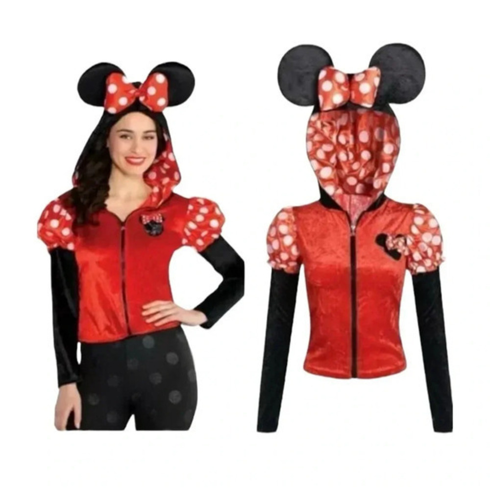 Disney Minnie Mouse Costume Hoodie Adult Small Red Polka Dot 3D Ears Bow Zip Up